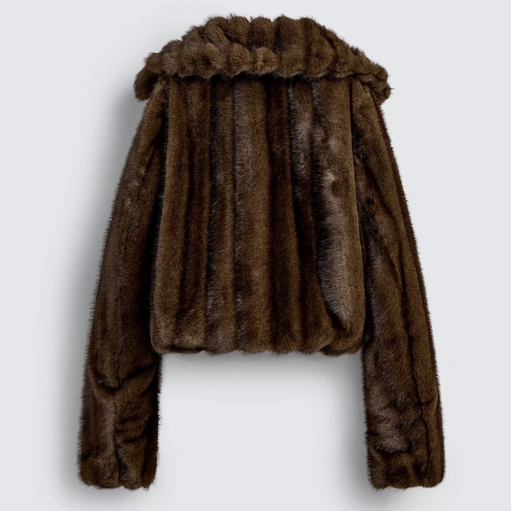 ZARA x Harry Lambert X Disney Cropped Faux Fur Jacket Brown Size Medium - Picture 2 of 10